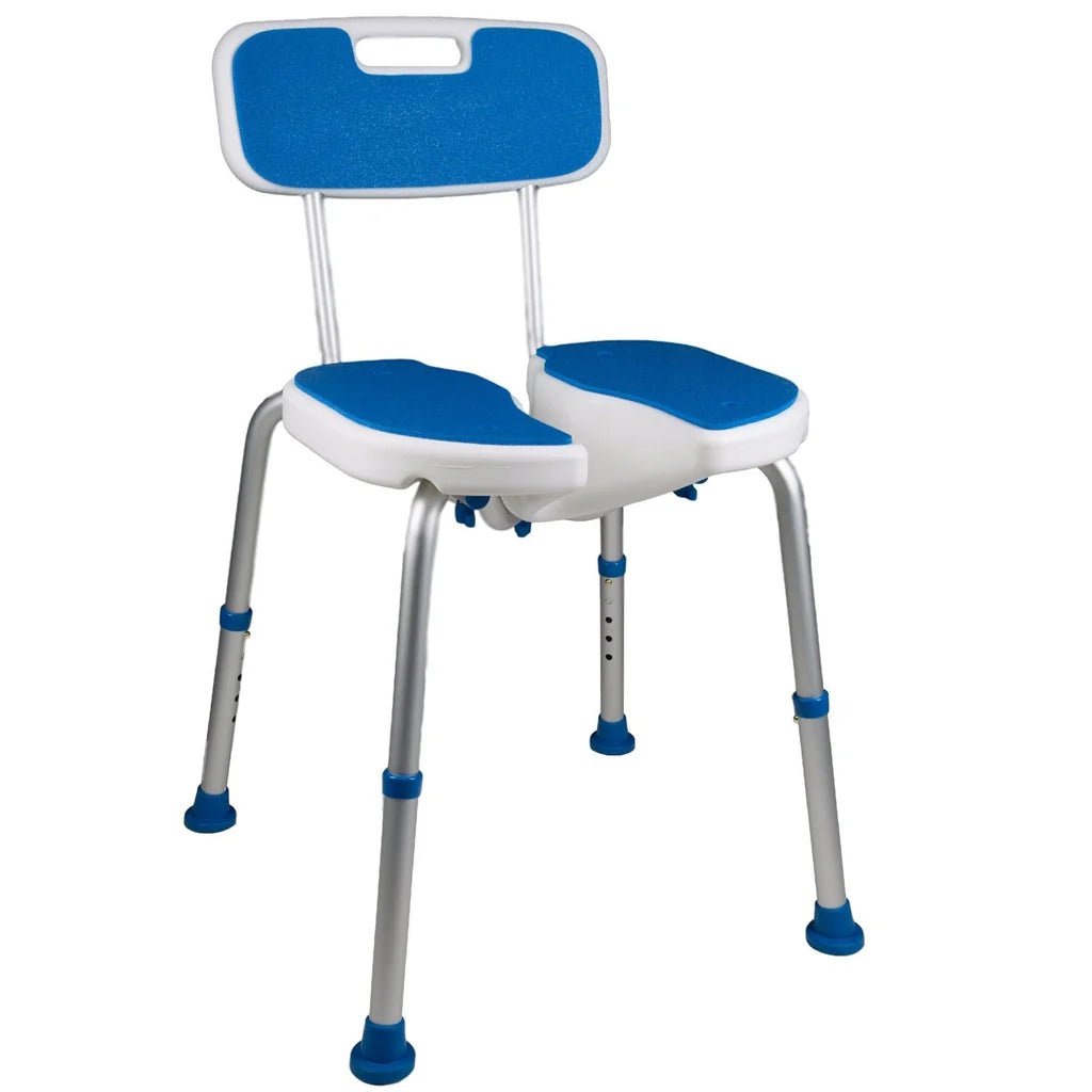 Blue and white adjustable shower chair on a white background - okotoks hc pharmacy