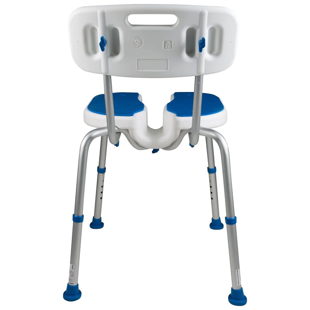 Medical shower chair with blue accents on a white background - okotoks hc pharmacy
