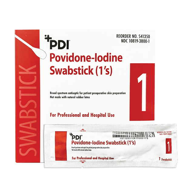 Povidone-Iodine Swabstick packaging with PDI branding on a white background - okotoks hc pharmacy