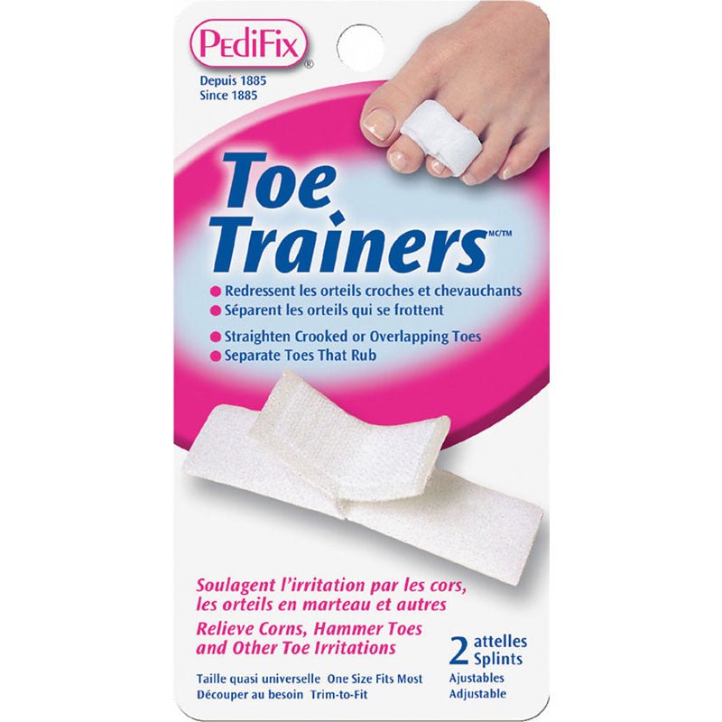 Pedifix Toe Trainers packaging with a hand holding a trainer on a white background - okotoks hc pharmacy