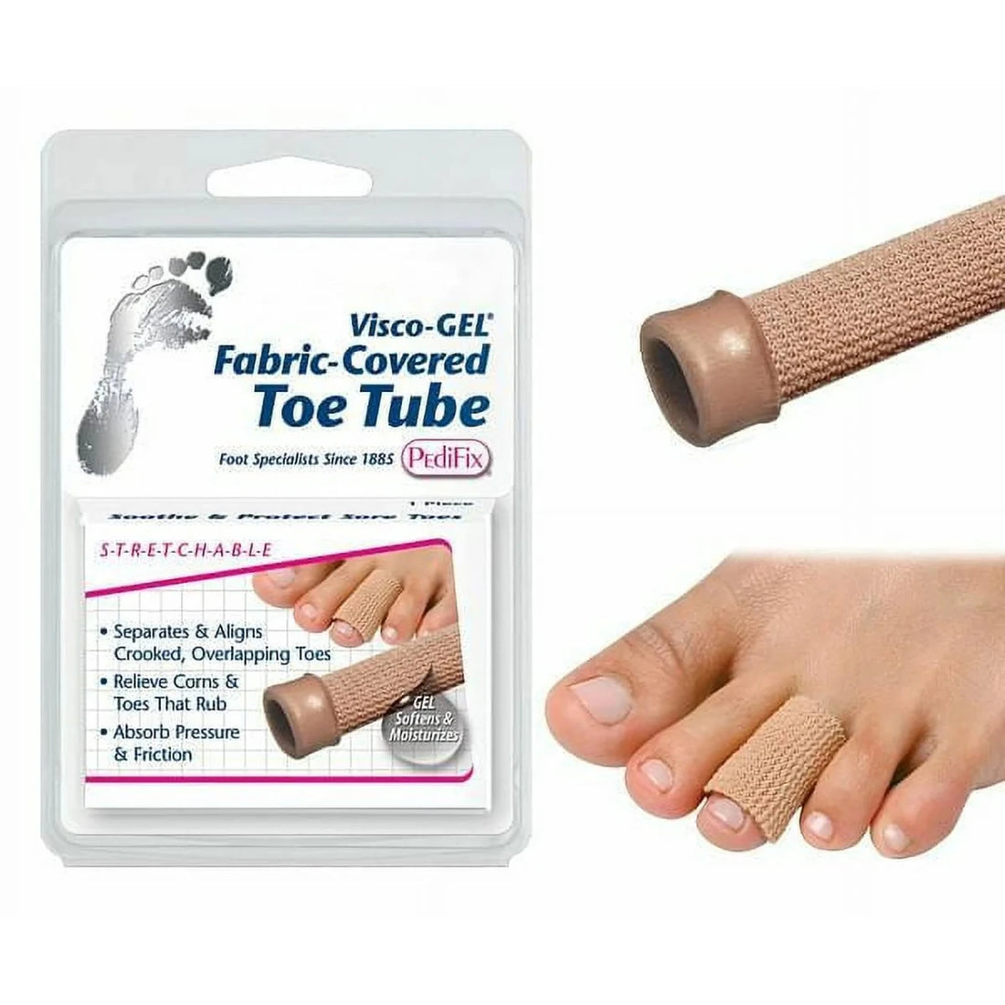 Visco-GEL Fabric-Covered Toe Tube packaging with a sample application on a foot. - okotoks hc pharmacy