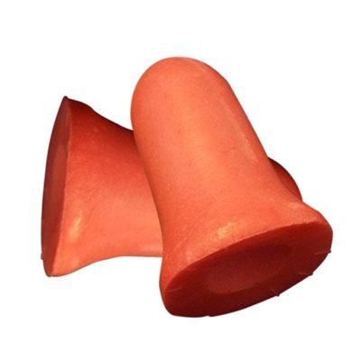 Pair of red earplugs on a white background - okotoks hc pharmacy