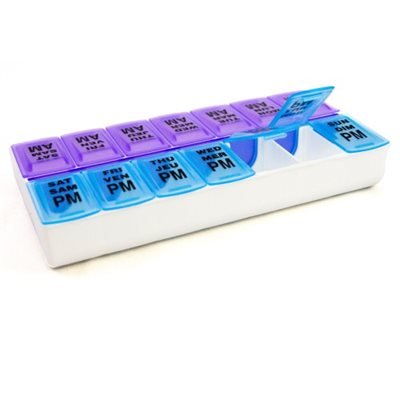 Weekly pill organizer with blue and purple compartments on a white background - okotoks hc pharmacy