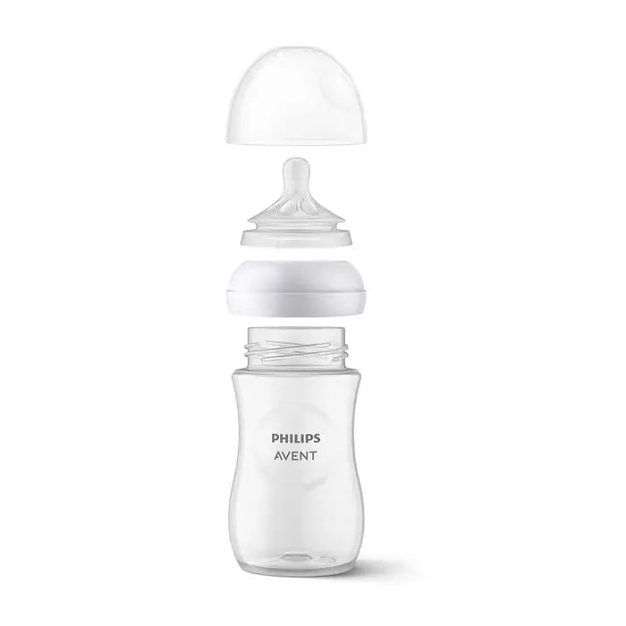 Clear baby bottle with white cap on a white background, featuring Philips Avent branding. - okotoks hc pharmacy