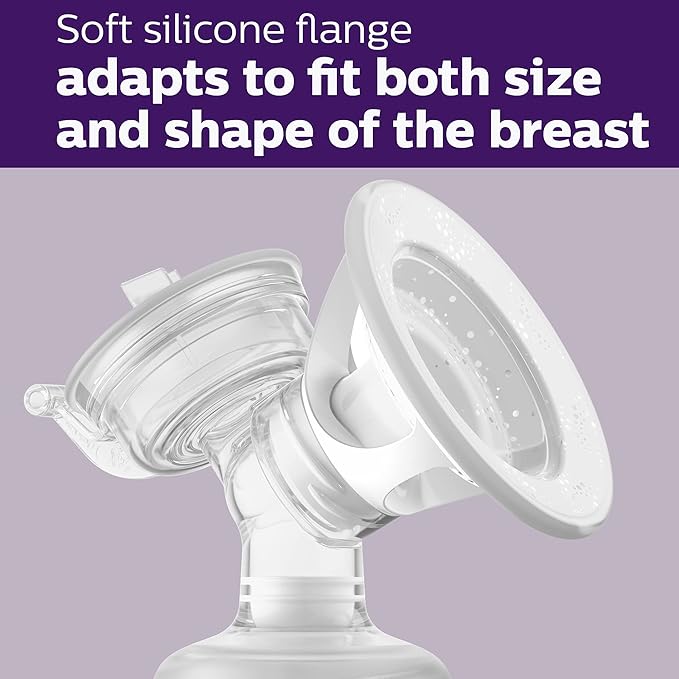Silicone flange for breast pump on a purple background with text about adaptability. - okotoks hc pharmacy