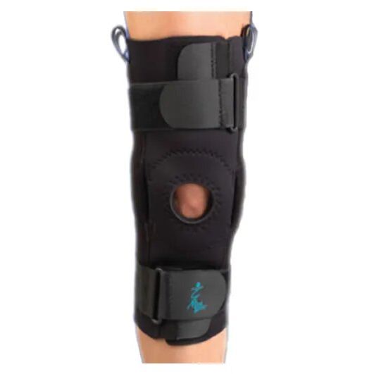 Black knee brace on a white background - Okotoks HC Pharmacy