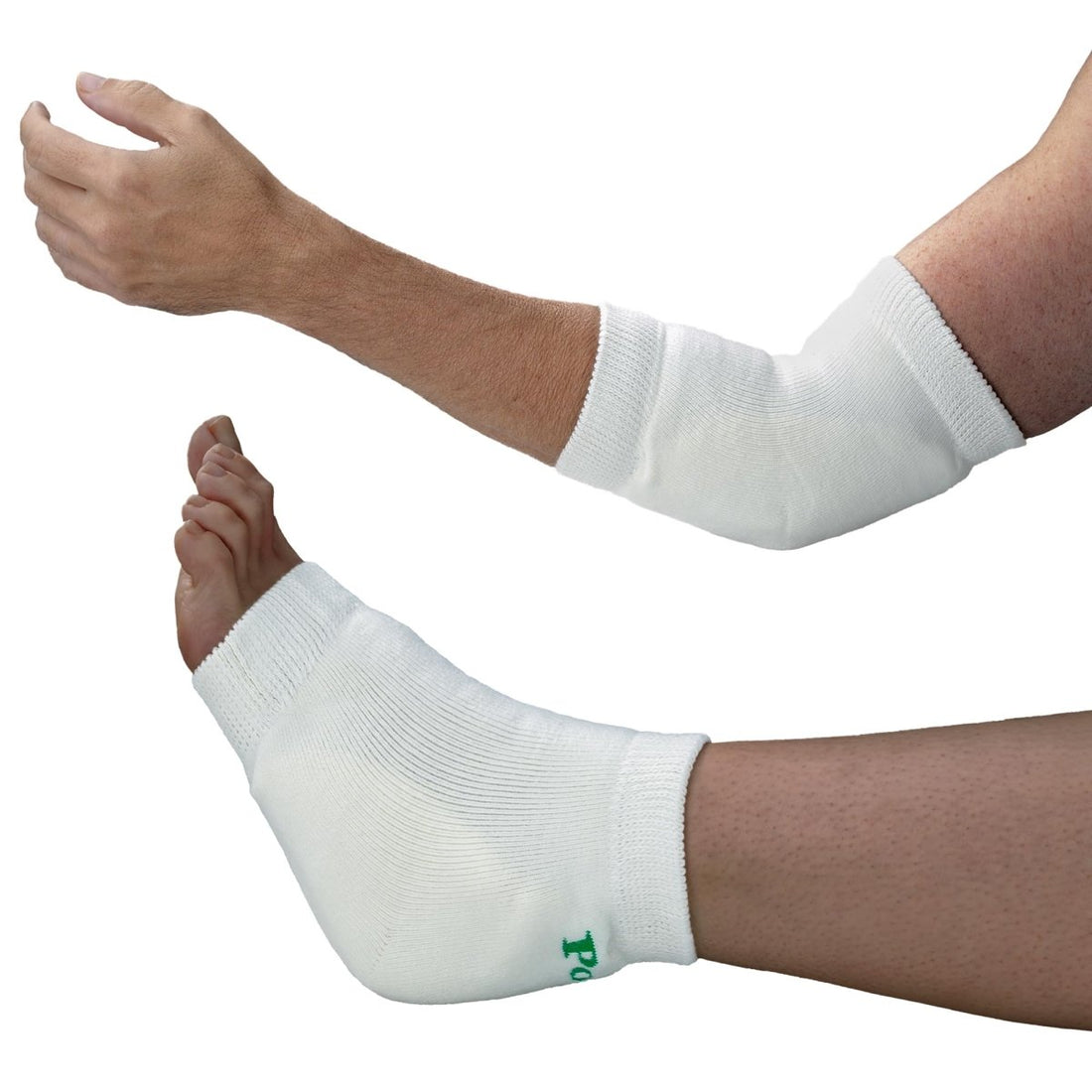 White compression sleeves on a person's arm and leg with a visible brand logo. - okotoks hc pharmacy