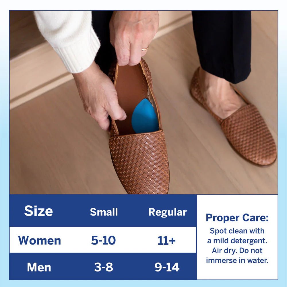 Person putting a blue sock into a brown woven shoe, with size chart and care instructions displayed. - okotoks hc pharmacy