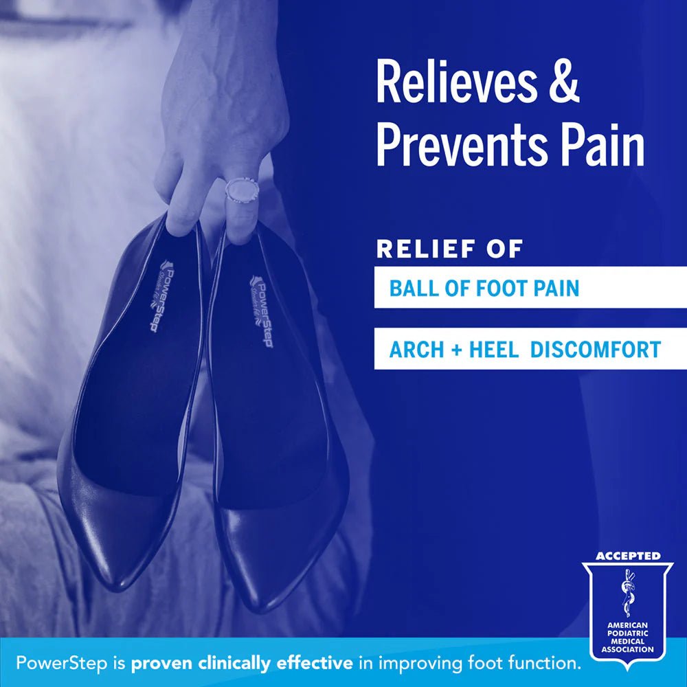 Person holding a pair of shoes with text about pain relief on a blue background - okotoks hc pharmacy