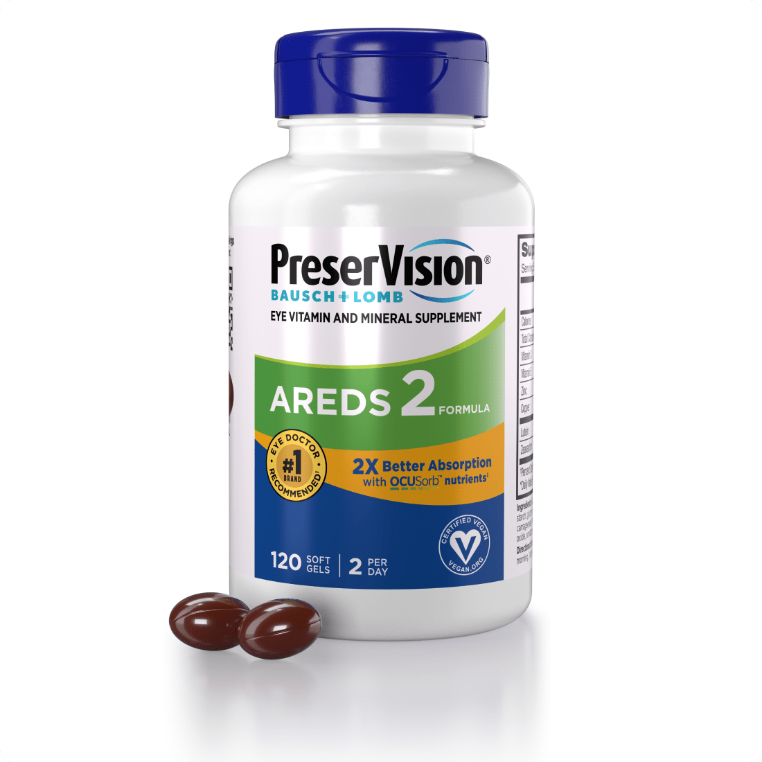 Preservision AREDS 2 Formula supplement bottle with two capsules on a white background - okotoks hc pharmacy