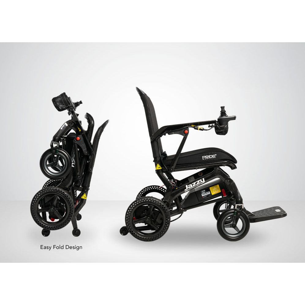 Collage of a Jazzy ultra-light mobility scooter with various features highlighted on a white background. - okotoks hc pharmacy
