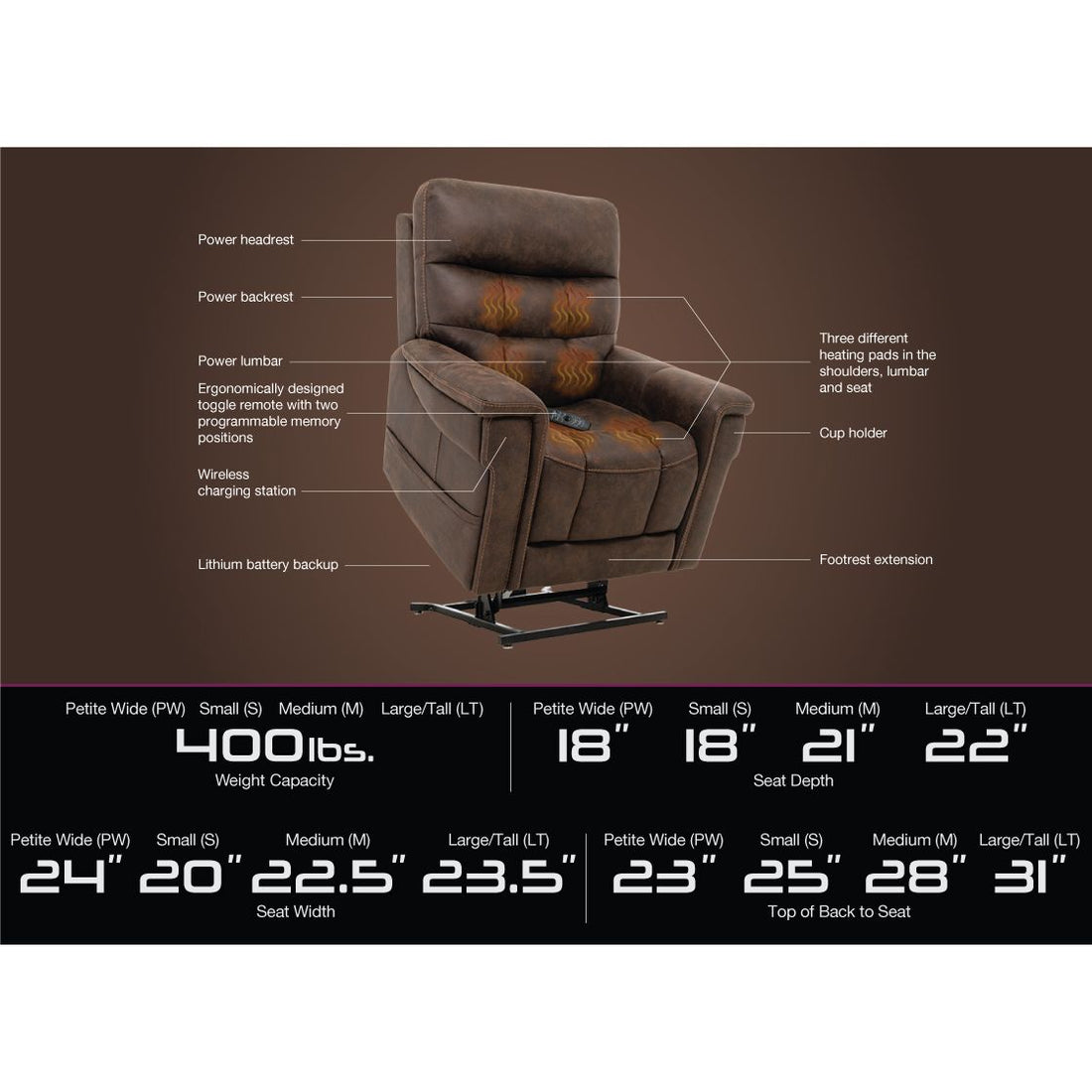 Brown recliner chair with features and dimensions labeled on a brown background - okotoks hc pharmacy