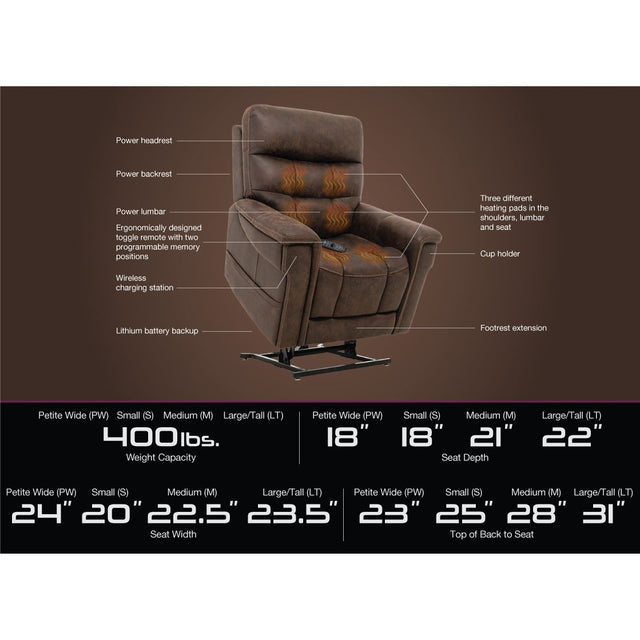 Brown recliner chair with features and dimensions labeled on a brown background - okotoks hc pharmacy