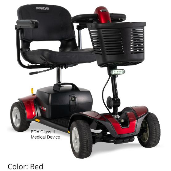 Red and black mobility scooter with a basket on a white background - okotoks hc pharmacy