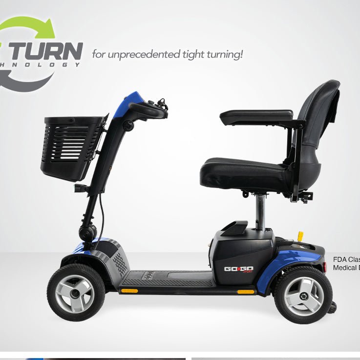 Collage of a mobility scooter with features highlighted on a gray background - okotoks hc pharmacy