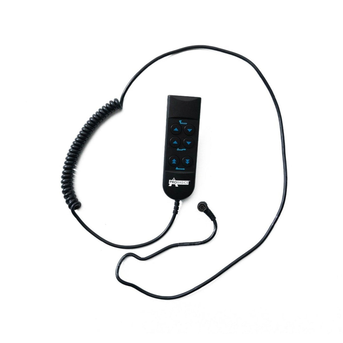 Black coiled cable with a remote control on a white background - okotoks hc pharmacy