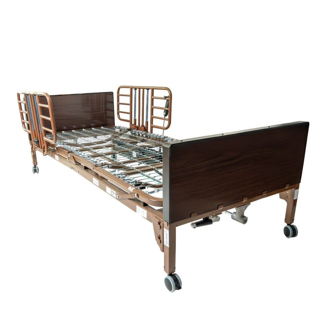 Hospital bed with wooden side rails on a white background - okotoks hc pharmacy