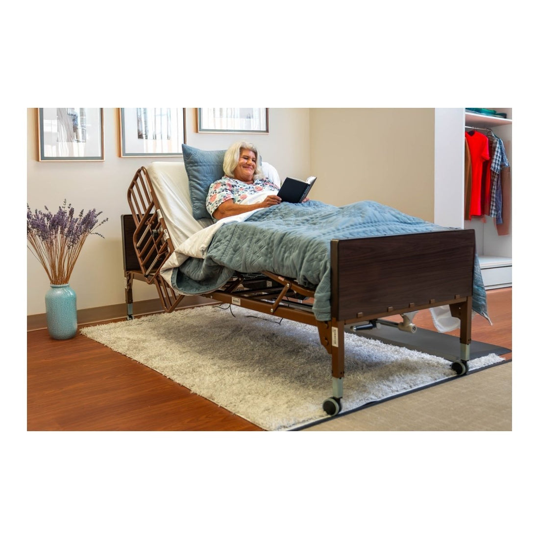 Woman reading a book in a hospital bed in a home setting - okotoks hc pharmacy