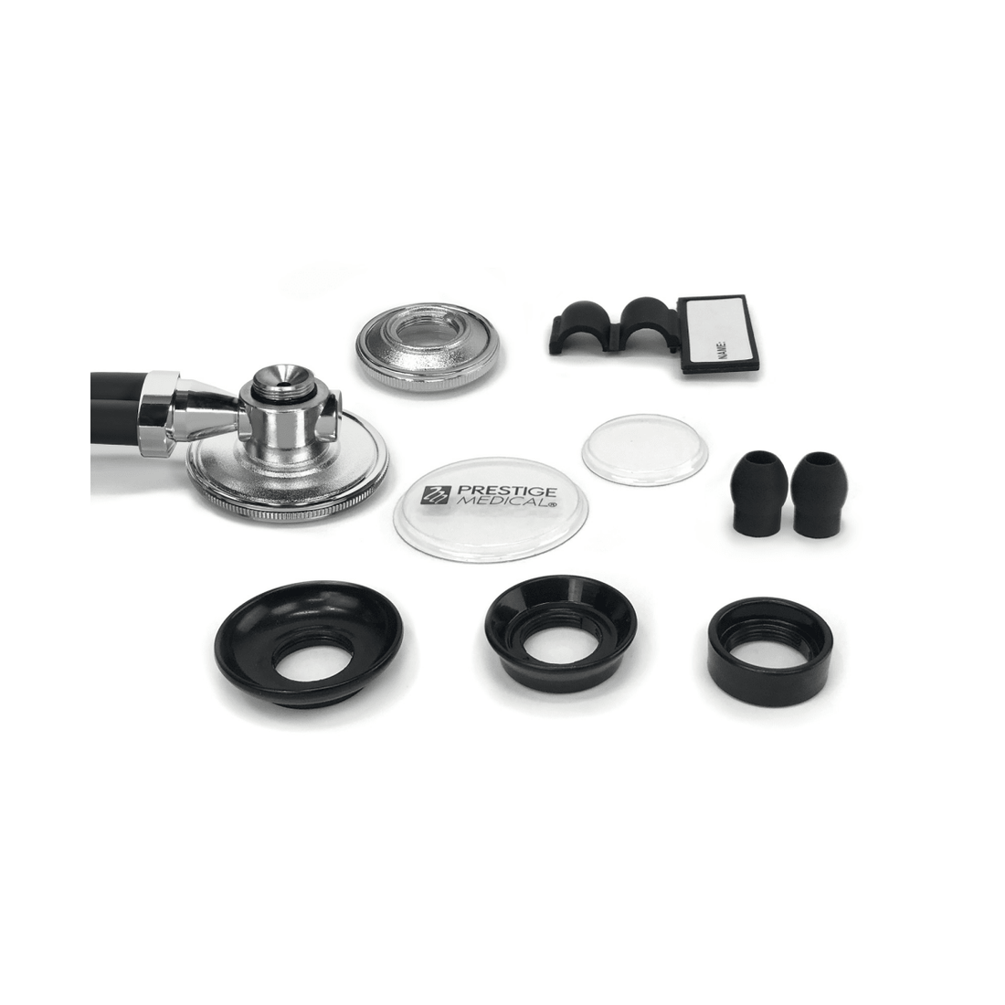 Stethoscope components including a headset, chest piece, and additional attachments on a white background. - okotoks hc pharmacy
