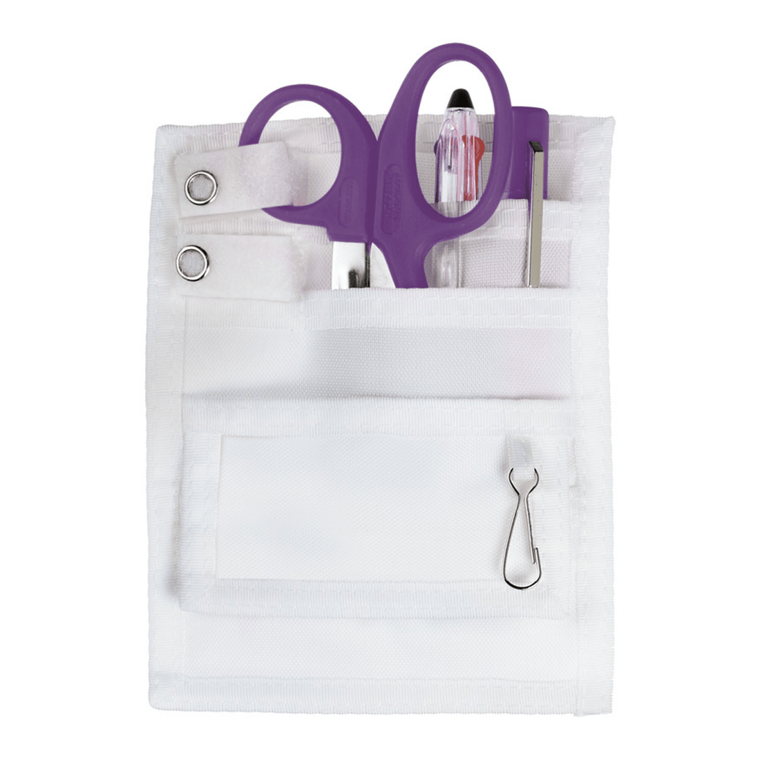 White pouch with purple scissors and pens on a white background - okotoks hc pharmacy