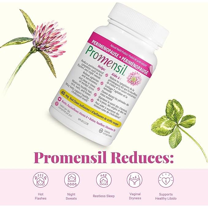 Promensil supplement bottle with clover leaves on a light pink background - okotoks hc pharmacy