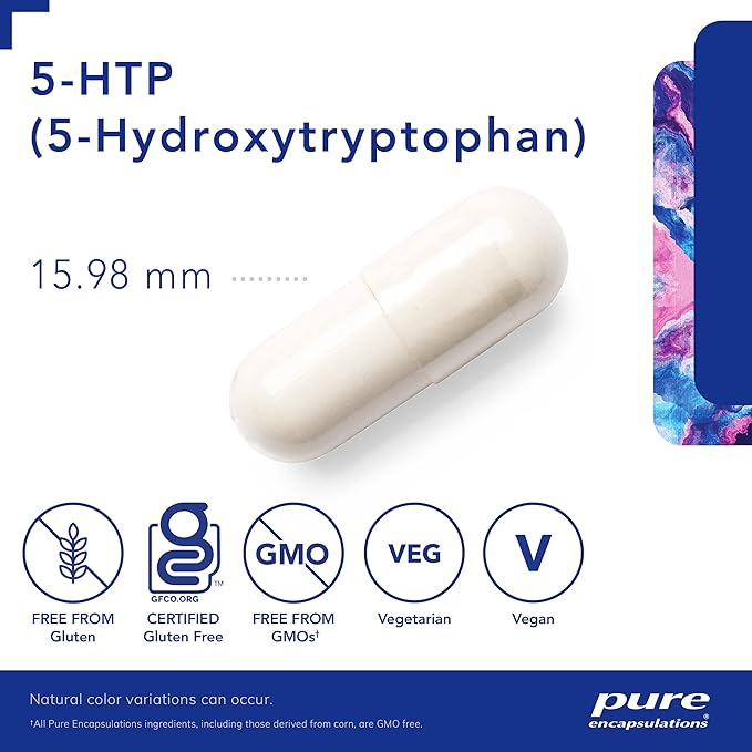 White capsule with 5-HTP label and certification icons on a white background - okotoks hc pharmacy