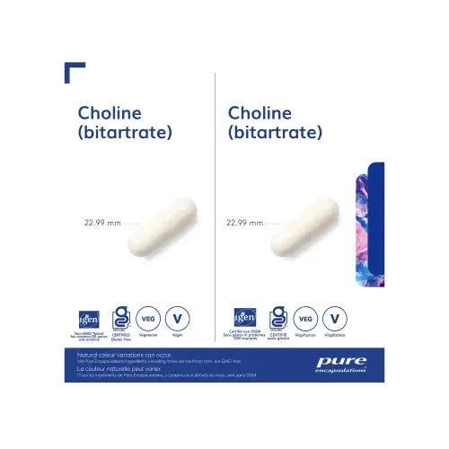 A product information graphic for Pure Encapsulations Choline (bitartrate) capsules. The graphic features a white background with two columns showing a single white capsule labeled with its 22. - okotoks hc pharmacy
