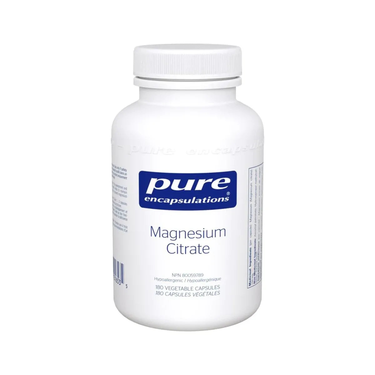 White bottle of pure encapsulations Magnesium Citrate on a white background - Okotoks hc pharmacy