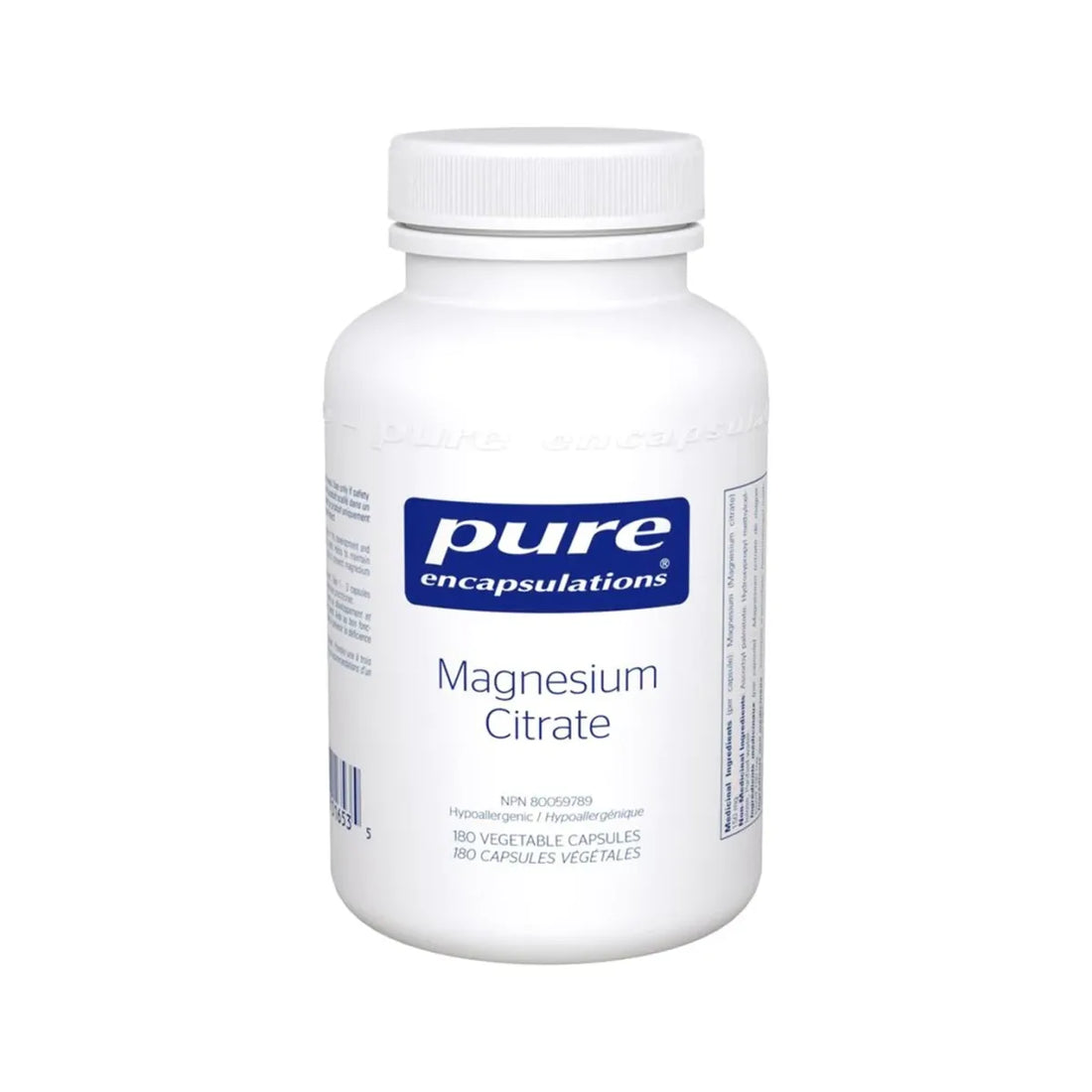 White bottle of pure encapsulations Magnesium Citrate on a white background - Okotoks hc pharmacy