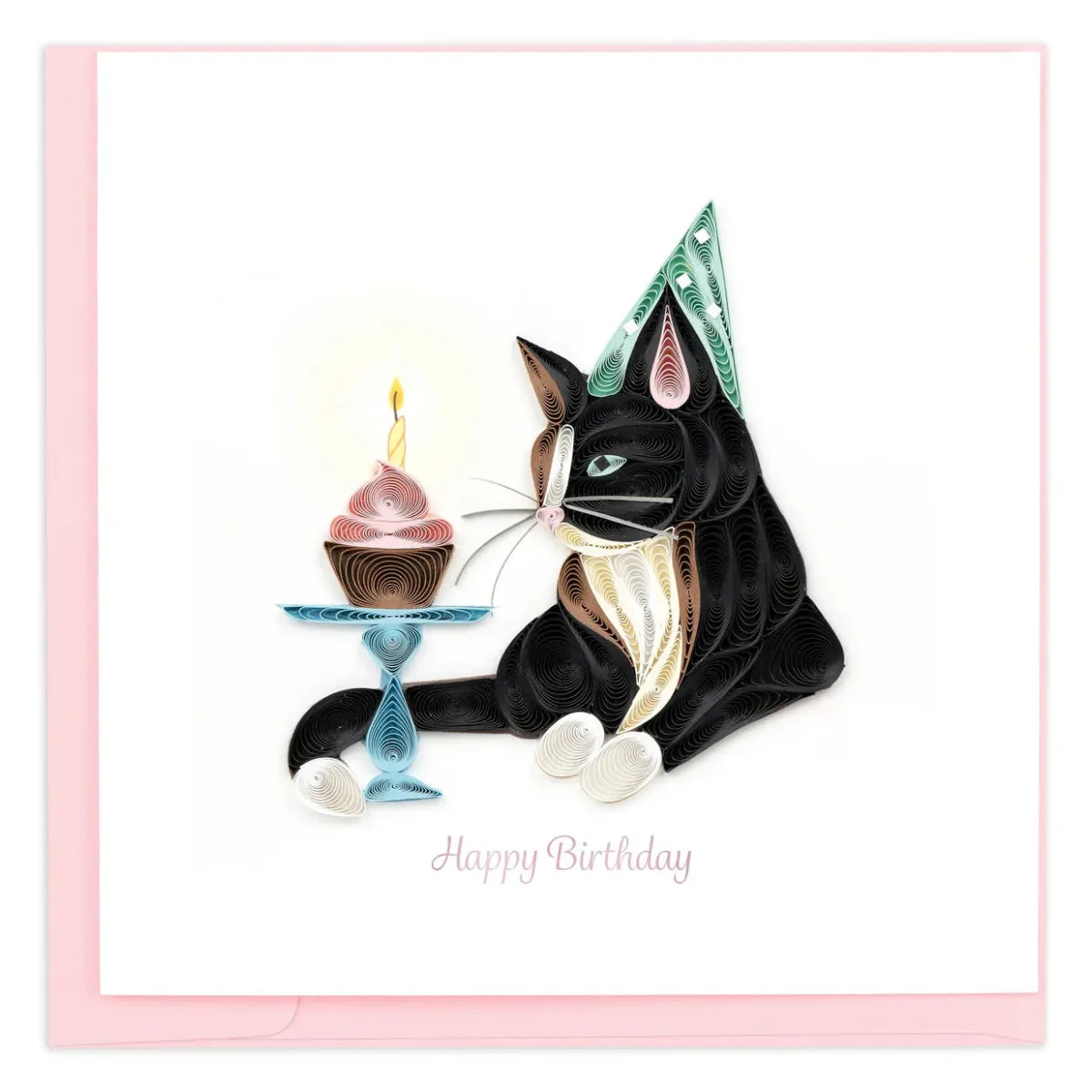 Quilled black cat wearing a birthday hat with a cake and candle on a pink border, 'Happy Birthday' text - okotoks hc pharmacy