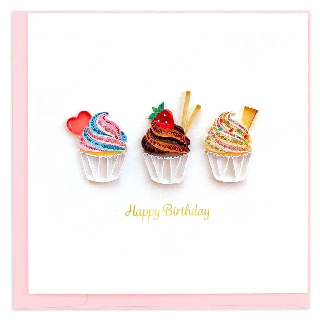 Three colorful cupcakes with decorative elements on a white background, with 'Happy Birthday' text. - okotoks hc pharmacy