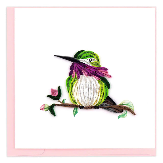 Quilled art of a hummingbird on a branch with a pink card - okotoks hc pharmacy