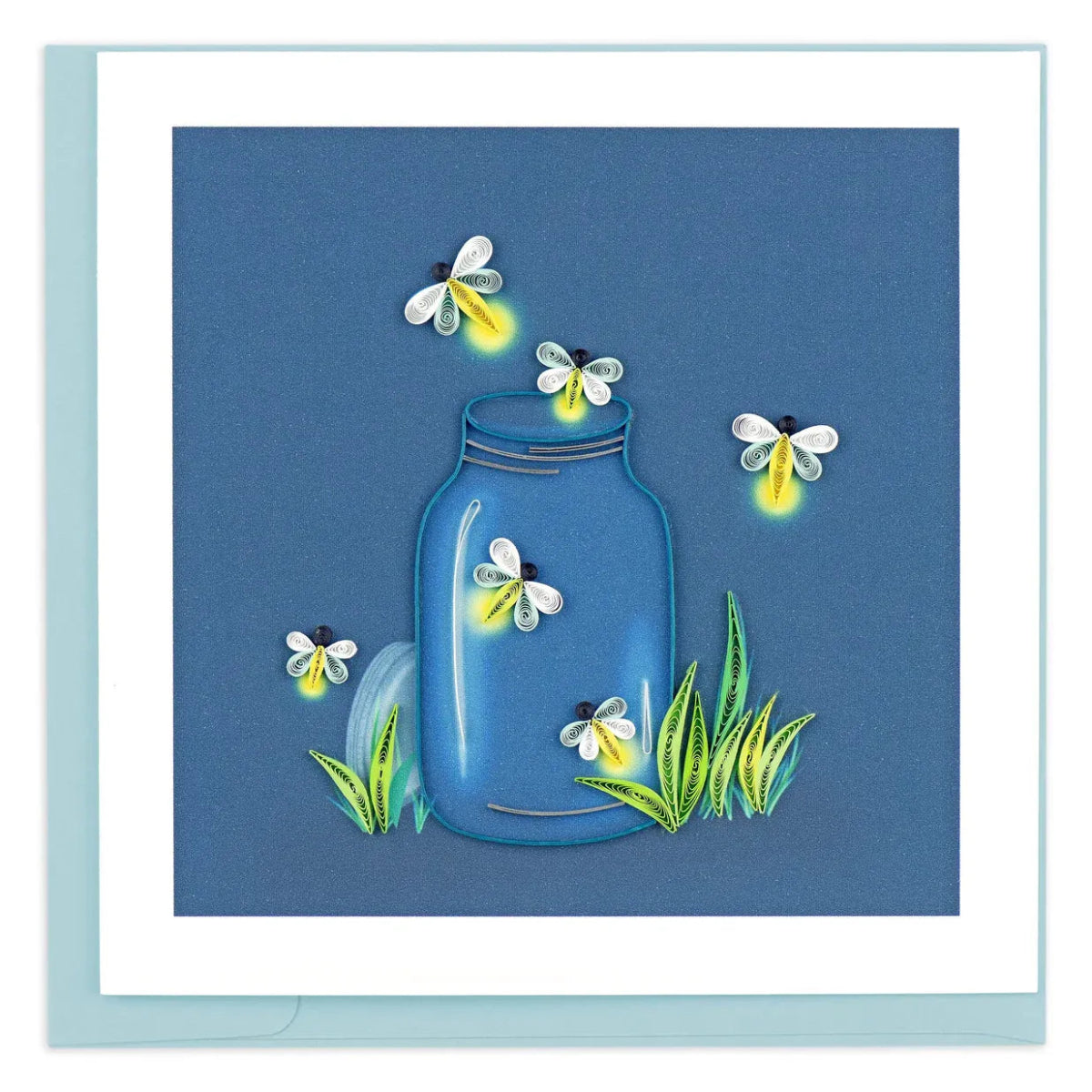 Greeting card with blue jar and glowing fireflies on a blue background - okotoks hc pharmacy
