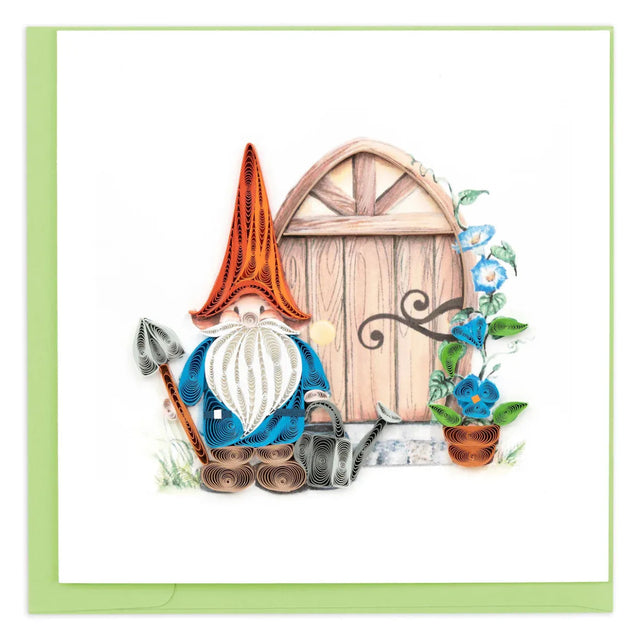 Quilled gnome with a wooden door and flowers on a white background - okotoks hc pharmacy