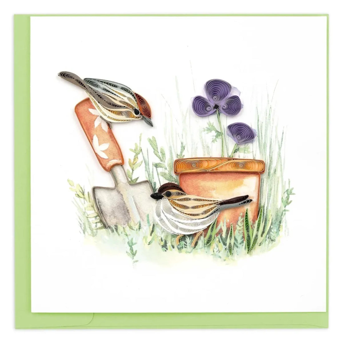 Greeting card with garden-themed illustration including birds, a trowel, and flowers. - okotoks hc pharmacy