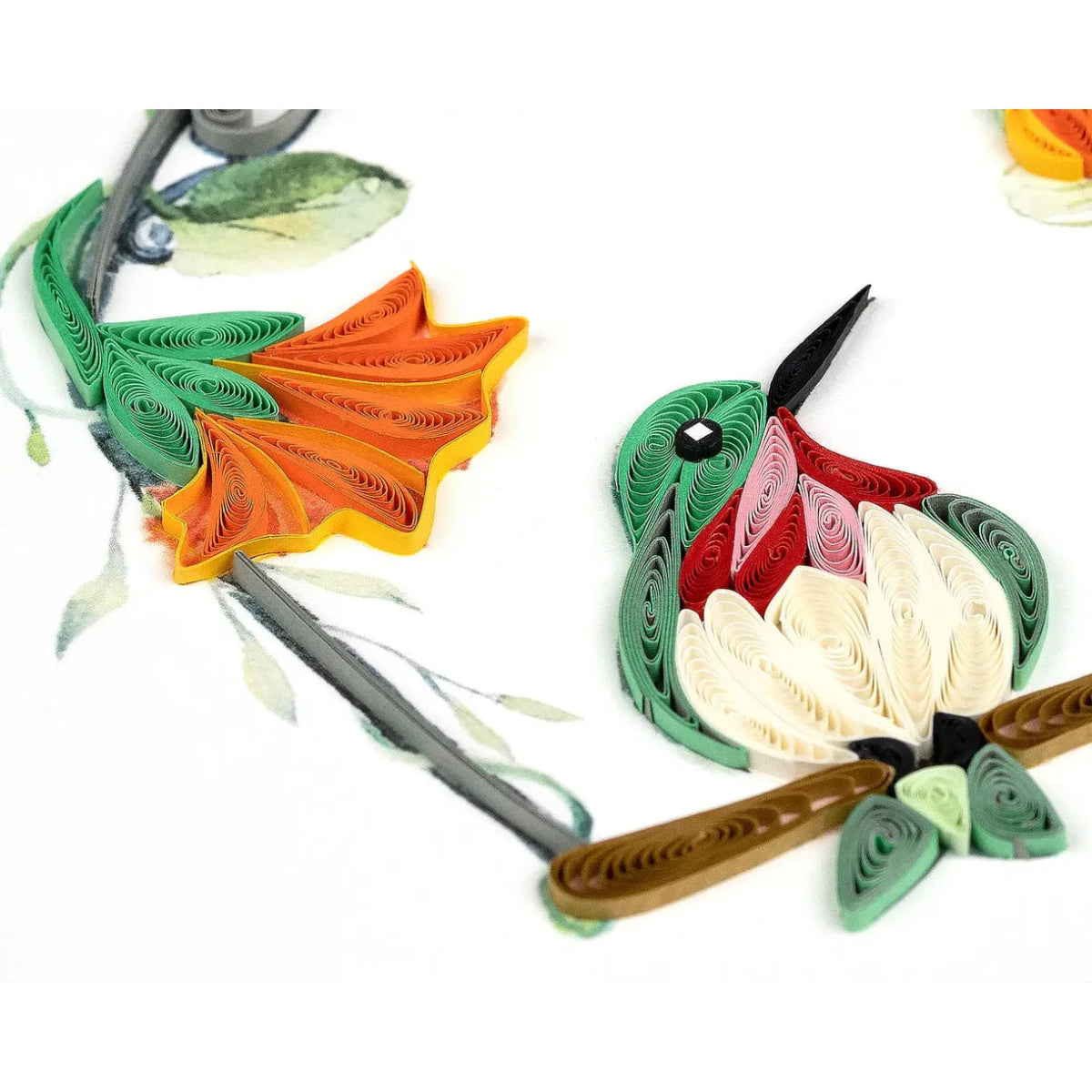 Colorful paper quilled birds on a white background - okotoks hc pharmacy