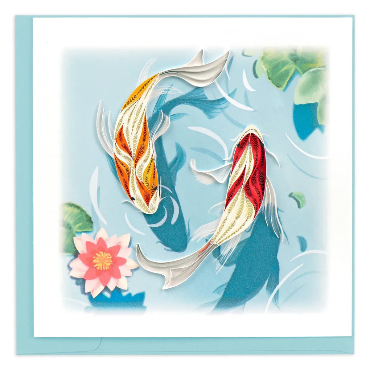 Decorative card with two stylized koi fish and a lotus flower on a light blue background. - okotoks hc pharmacy