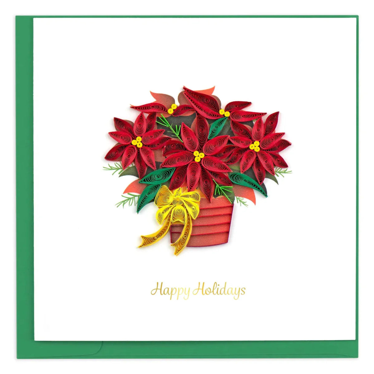 Christmas card with red poinsettias and a yellow bow, featuring 'Happy Holidays' text. - okotoks hc pharmacy