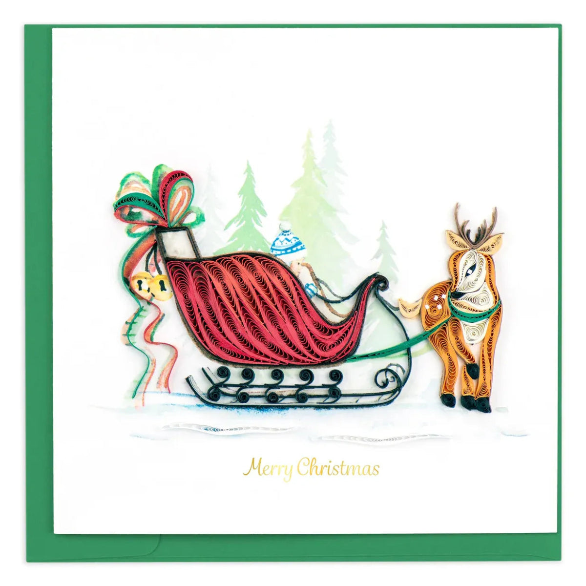 Christmas card with Santa in sleigh pulled by reindeer, surrounded by trees and a bow. - okotoks hc pharmacy