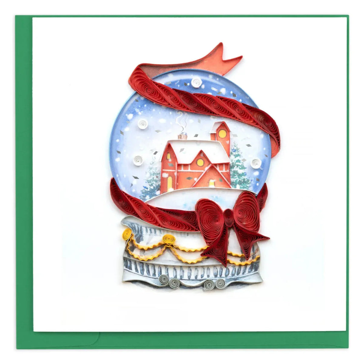 Decorative card with a snow globe design featuring a house and red ribbon on a white background. - okotoks hc pharmacy