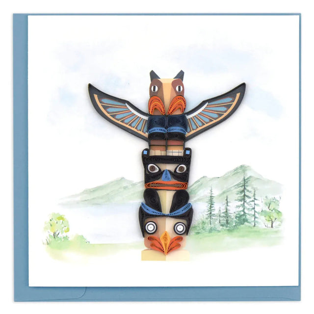 Colorful totem pole design with a mountain and forest background - okotoks hc pharmacy