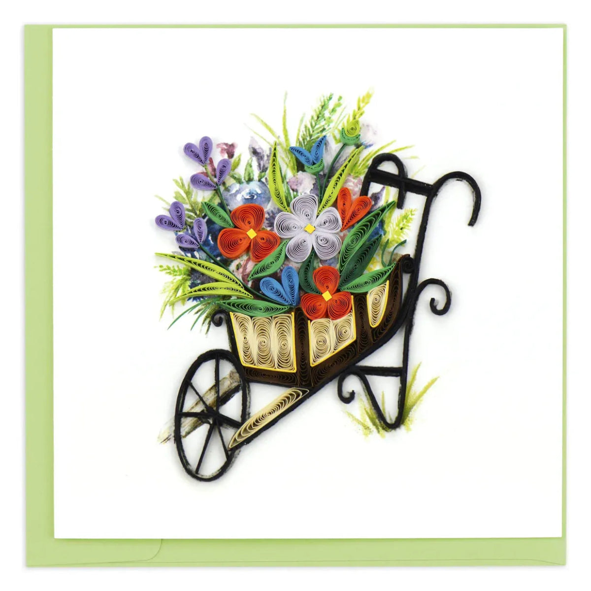 Quilled art of a wheelbarrow with colorful flowers on a white background - okotoks hc pharmacy