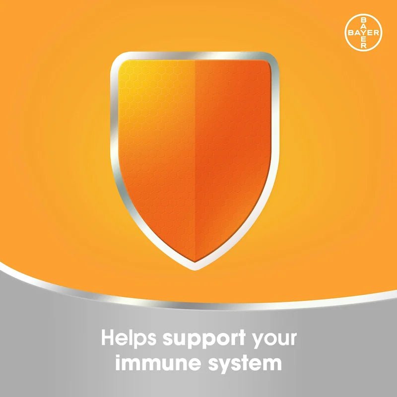 Orange shield icon on a gradient background with Bayer logo and text about supporting the immune system. - okotoks hc pharmacy