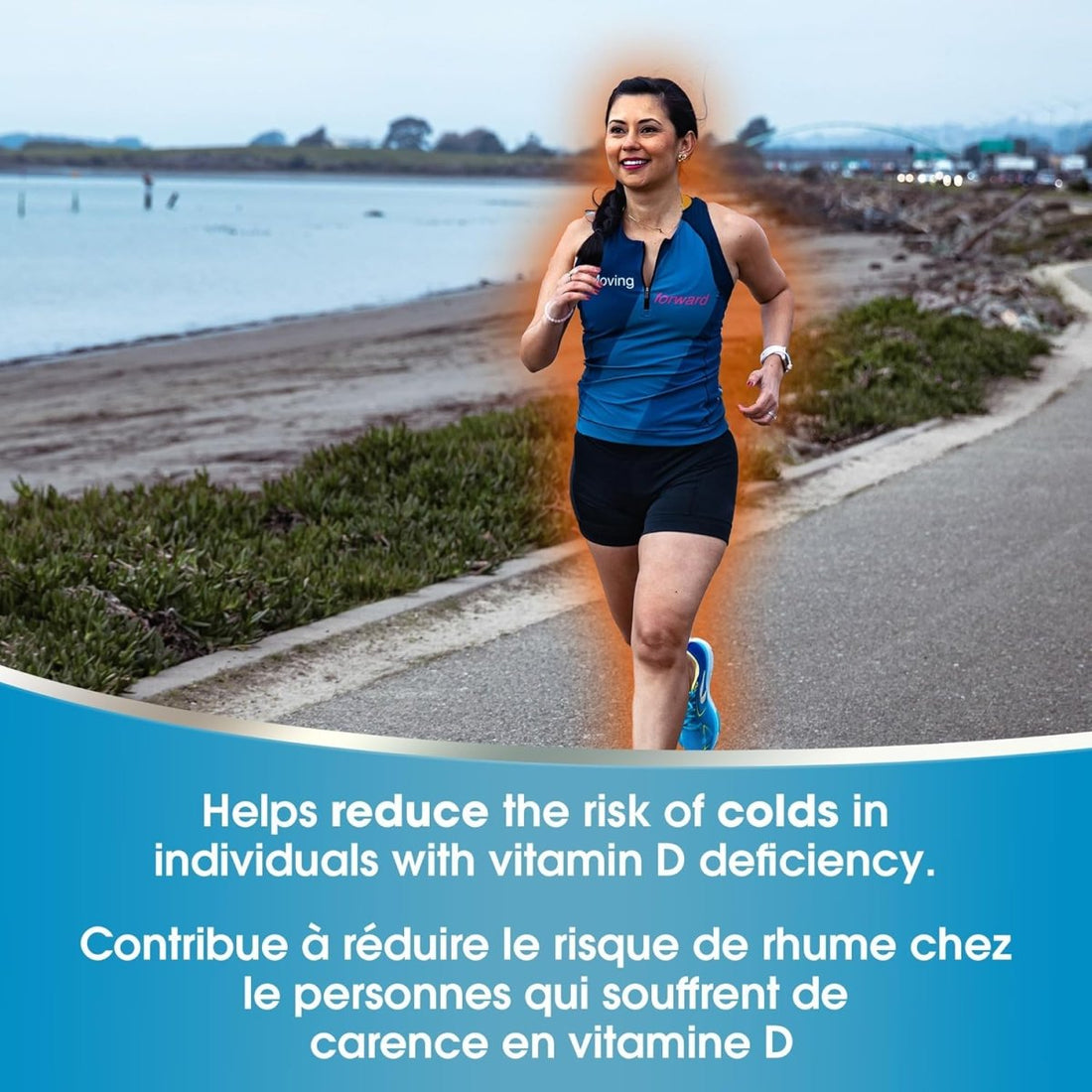 Woman running on a path by a waterfront with text about vitamin D deficiency. - okotoks hc pharmacy