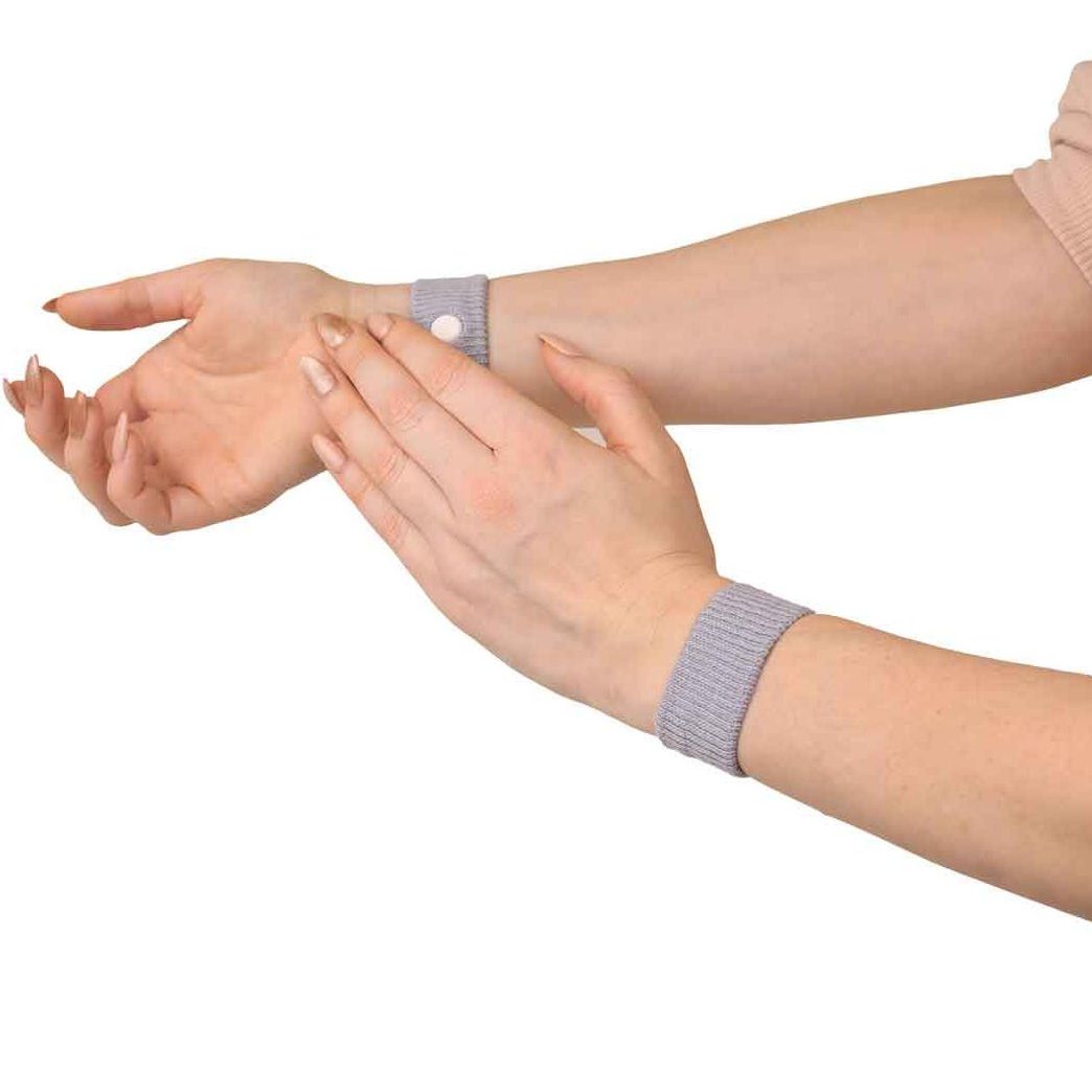 Two hands wearing gray wristbands on a white background - okotoks hc pharmacy