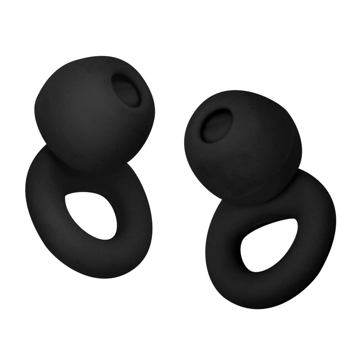 Two black silicone ear plugs on a white background - okotoks hc pharmacy