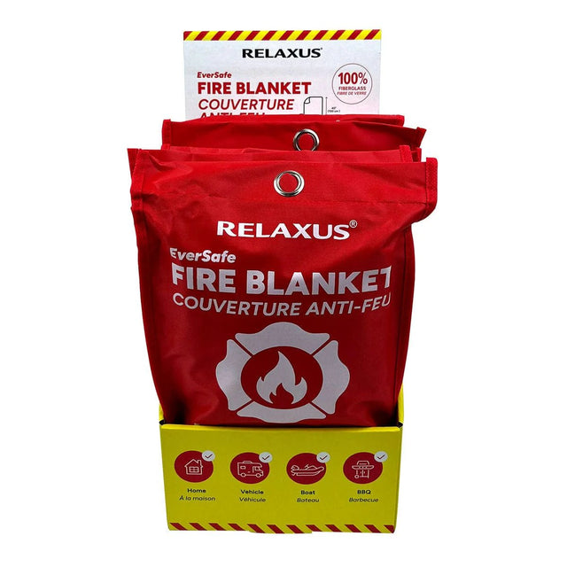 Relaxus fire blanket packaging with red and yellow design on a white background - okotoks hc pharmacy