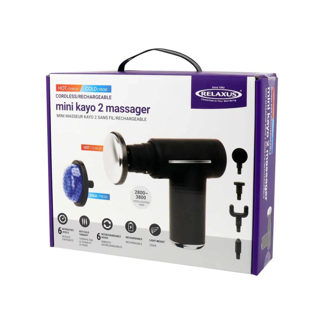 Relaxus mini kayo 2 massager packaging on a white background - okotoks hc pharmacy