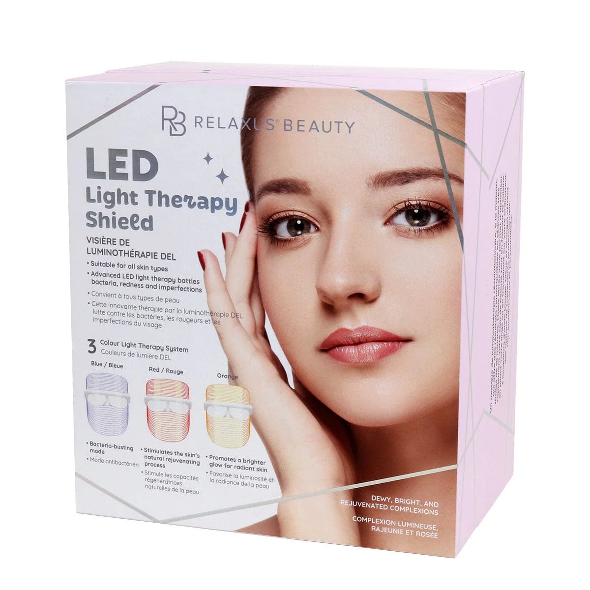 Relaxus Beauty LED Light Therapy Shield packaging with a woman's face on it. - okotoks hc pharmacy
