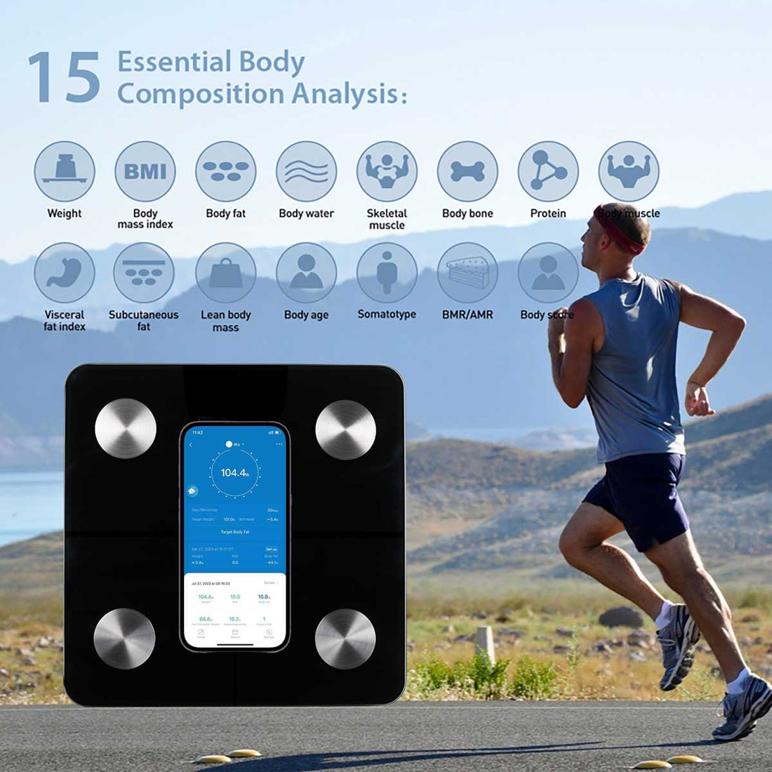 Smart scale with body composition analysis features displayed, alongside a person running outdoors. - okotoks hc pharmacy